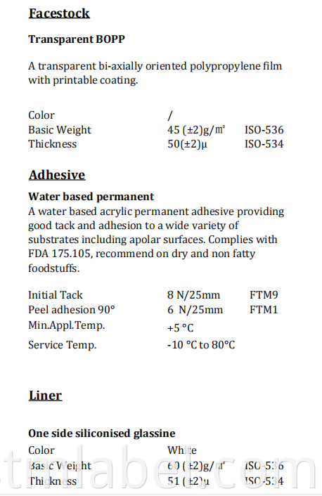 Transparent Bopp Tc Water Based Permanent White Glassine